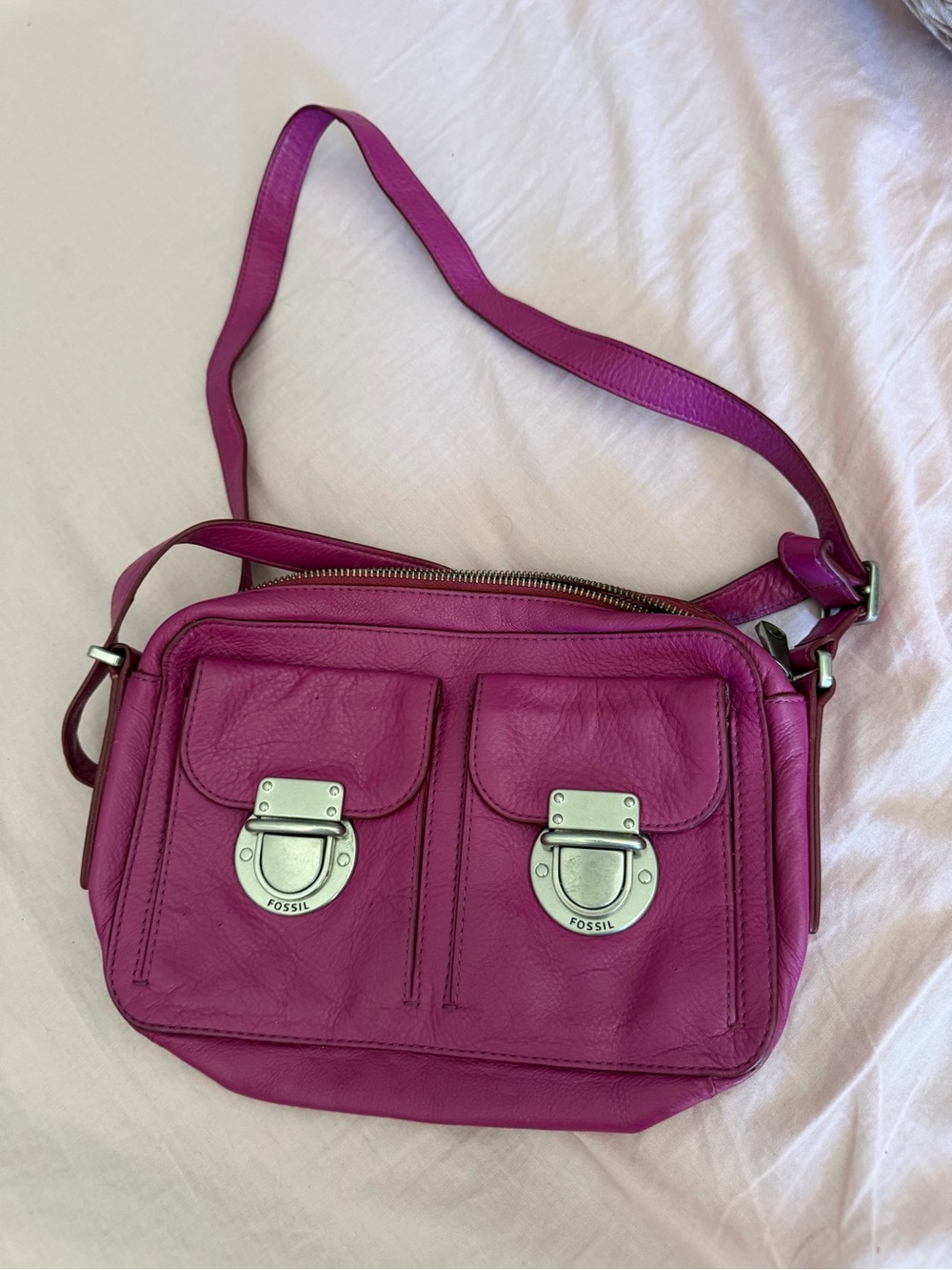 Fossil Bright Magenta Leather Crossbody Bag with Dual Front Pockets